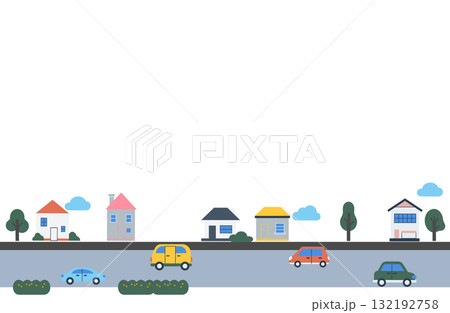 かわいい家と車の街並みフレーム 132192758