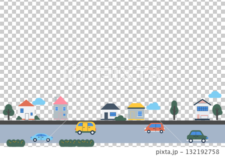 かわいい家と車の街並みフレーム 132192758
