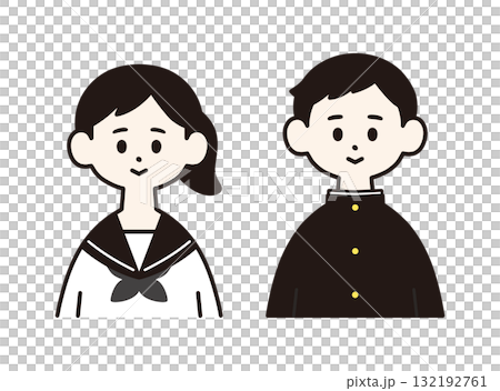 Junior high school boys and girls in uniforms, school uniform and sailor suit, front upper body, simple and flat illustration Junior high school boys and girls in uniforms, school uniform and sailor suit, front upper body, simple and flat illustration 132192761