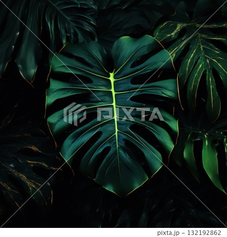 an AI Image Generator, Dramatic Dark Tropical Monstera Leaves With Emerald Foliage 132192862