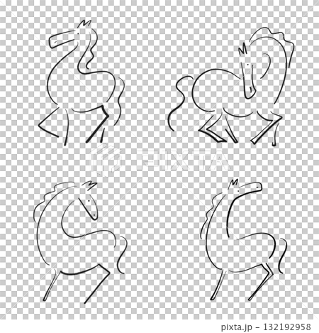 墨絵のスタイリッシュな馬のセット　2026 モノクロ　正月素材 132192958