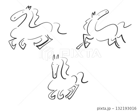 墨絵の走るスタイリッシュな馬のセット　2026 モノクロ　正月素材 132193016