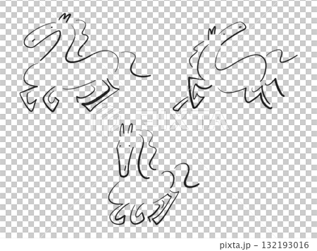 墨絵の走るスタイリッシュな馬のセット　2026 モノクロ　正月素材 132193016