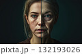 A portrait split a woman showing old and youth age. Generative AI. 132193026