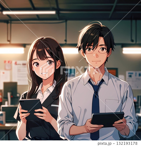 タブレットを見ながら話し合う日本人オフィスワーカー男女 132193178