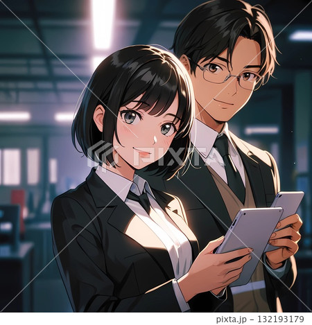 相談する日本人ビジネス男女のイラスト（オフィス） 132193179