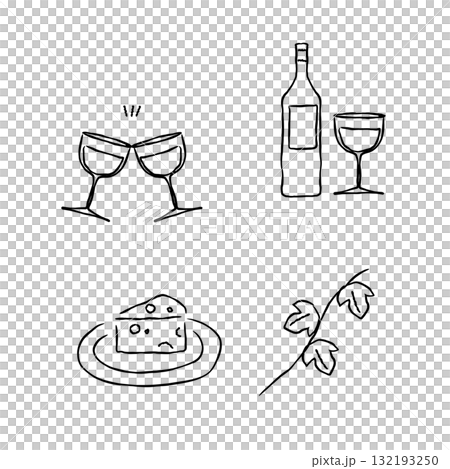 簡單的線條畫葡萄酒和起司插圖 132193250