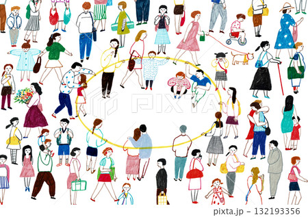 手描きイラスト　輪になってつながる人物とたくさんの人々 132193356