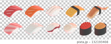 様々なお寿司の3DCGイラスト。デフォルメした可愛い日本食のバラエティセット 132193408