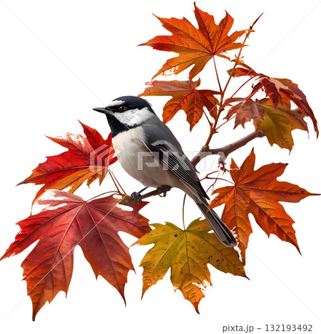 紅葉の枝にとまる野鳥 132193492