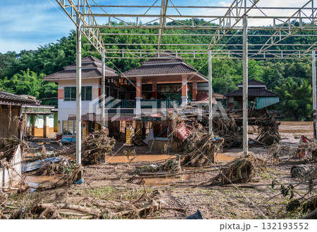 Karen village elephant camp in Mae Yao district destroyed after Typhoon Yagi has swept Chiang Rai province of Thailand. 132193552