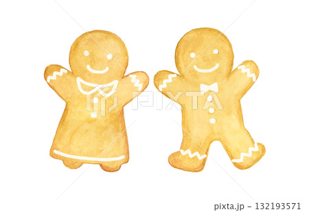 水彩で描いたジンジャーブレッドクッキーのイラスト素材（クリスマス・冬・お菓子） 132193571