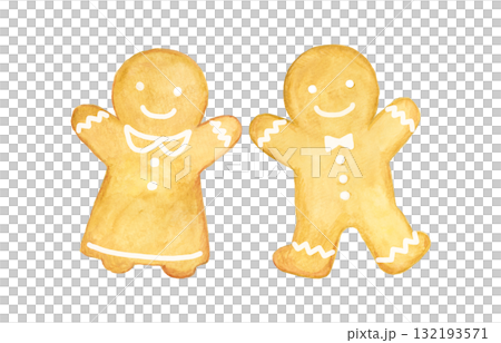 水彩で描いたジンジャーブレッドクッキーのイラスト素材（クリスマス・冬・お菓子） 132193571