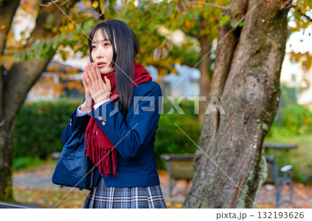 紅葉を背に休憩する女子高生 冬服で通学する高校生 登校下校 紅葉を背に休憩する女子高生 冬服で通学する高校生 登校下校 132193626