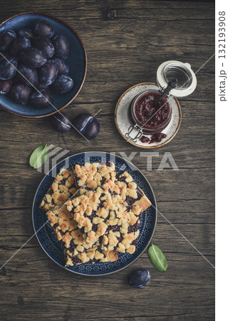 Traditional German Zwetschgenkuchen on blue plate 132193908