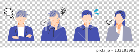 悩み困っている表情のビジネスパーソンセット。フラットデザイン。 132193993