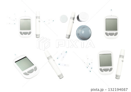 Glucose meters and syringes on a white backdrop, isolated, PNG 132194087