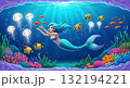 魔法の海中庭園で泳ぐ人魚と熱帯魚・光るクラゲのイラスト 132194221