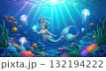 魔法の海中庭園で泳ぐ人魚と熱帯魚・光るクラゲのイラスト 132194222