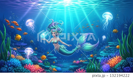 魔法の海中庭園で泳ぐ人魚と熱帯魚・光るクラゲのイラスト 魔法の海中庭園で泳ぐ人魚と熱帯魚・光るクラゲのイラスト 132194222