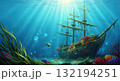 魔法の海中に沈んでいる沈没船と熱帯魚・光るクラゲのイラスト 132194251