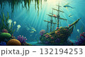 魔法の海中に沈んでいる沈没船と熱帯魚・光るクラゲのイラスト 132194253