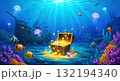 美しい海中の珊瑚と宝箱の輝くファンタジーイラスト 132194340