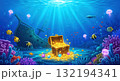 美しい海中の珊瑚と宝箱の輝くファンタジーイラスト 132194341