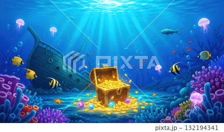 美しい海中の珊瑚と宝箱の輝くファンタジーイラスト 132194341