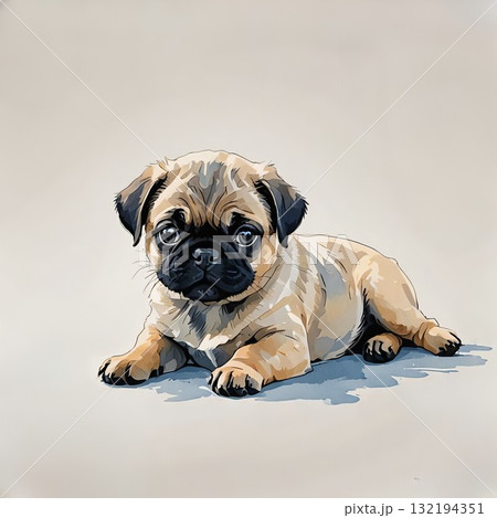 のびをしながら伏せるパグ子犬 132194351