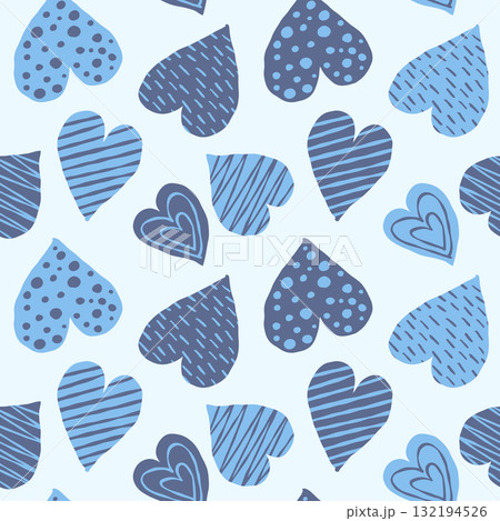 手描き風・ハートのシームレスパターン（青） 132194526
