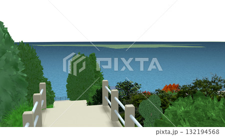 アニメーションの背景に使える PNG素材『海の見える神社』空は透明ですのでご自由にどうぞ 132194568