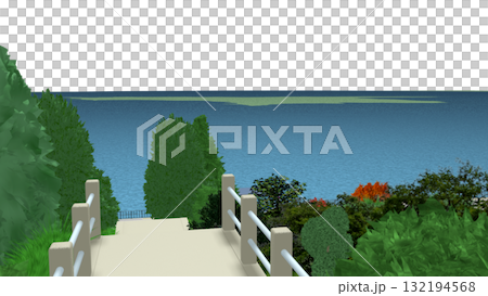 アニメーションの背景に使える PNG素材『海の見える神社』空は透明ですのでご自由にどうぞ 132194568