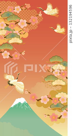 お正月和柄背景　富士山と梅と松と鶴 132194596