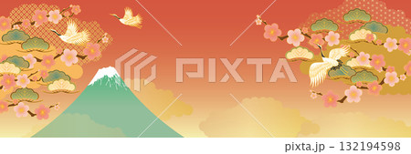 お正月和柄背景　富士山と梅と松と鶴 132194598