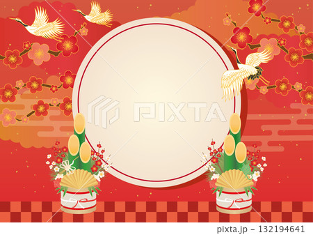 お正月　初売り　和柄テンプレート　鶴と門松 132194641