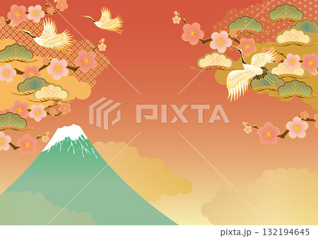 お正月和柄背景　富士山と梅と松と鶴 132194645