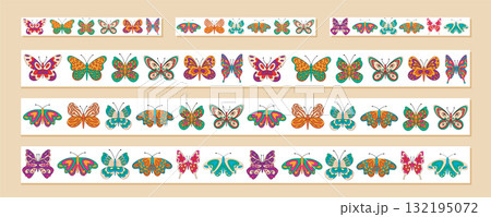Groovy retro butterfly seamless border set with colorful pattern and nature theme. Y2k inspired pack in collection format as illustration for creative frame or border application, perfect for modern Groovy retro butterfly seamless border set with colorful pattern and nature theme. Y2k inspired pack in collection format as illustration for creative frame or border application, perfect for modern 132195072