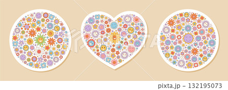 Groovy retro flower and heart sticker set with y2k circle, daisy patch and smiley sun in a colorful doodle background. Sunshine fun elements for playful collections trendy designs. 132195073