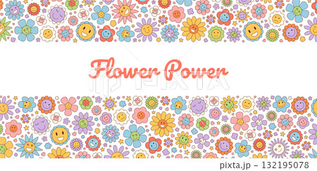 Groovy cartoon flower design in retro style. Colorful banner with happy, cute smiley in funky y2k pattern. Playful and cheerful mood, perfect for poster or background vibrant projects. Groovy cartoon flower design in retro style. Colorful banner with happy, cute smiley in funky y2k pattern. Playful and cheerful mood, perfect for poster or background vibrant projects. 132195078