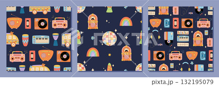 Groovy retro seamless music pattern with record, disco, cassette and boombox style as background set. Funky and colorful set with rainbow accent, y2k vintage look, stylish for pattern collection. Groovy retro seamless music pattern with record, disco, cassette and boombox style as background set. Funky and colorful set with rainbow accent, y2k vintage look, stylish for pattern collection. 132195079