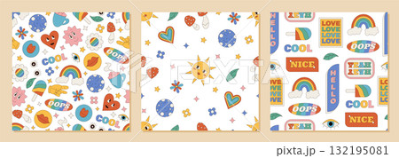 Groovy retro seamless pattern set cartoon graphic style with colorful rainbow, sun, heart and flower. Cute smile and playful background bring y2k fun to the seamless set, perfect for modern pop Groovy retro seamless pattern set cartoon graphic style with colorful rainbow, sun, heart and flower. Cute smile and playful background bring y2k fun to the seamless set, perfect for modern pop 132195081