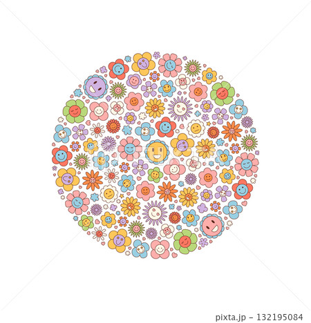 Groovy y2k flower circle sticker with colorful doodle smile and happy floral design. Fun retro background, vintage concept, lively decorative element for playful mood. Groovy y2k flower circle sticker with colorful doodle smile and happy floral design. Fun retro background, vintage concept, lively decorative element for playful mood. 132195084