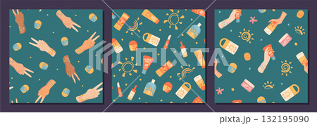 Flat seamless pattern with sunscreen bottle, sunblock tube and SPF lotion in repeated shapes. Hold cosmetic container, sun cream and sun care product for summer, pattern background, seamless Flat seamless pattern with sunscreen bottle, sunblock tube and SPF lotion in repeated shapes. Hold cosmetic container, sun cream and sun care product for summer, pattern background, seamless 132195090