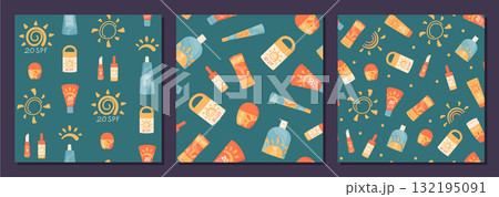 Flat seamless pattern of sunscreen bottle, tube, stick and spray shapes. Sunblock lotion with spf, sun and spray motif creates a pattern background. Hold sunblock bottle for summer skin care in flat 132195091