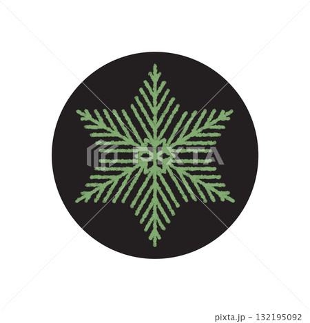 Crayon snow flake circle sticker icon in black and pale green. Snowflake ornament as xmas package lid symbol. Winter cold concept for holiday product or festive container element. Crayon snow flake circle sticker icon in black and pale green. Snowflake ornament as xmas package lid symbol. Winter cold concept for holiday product or festive container element. 132195092