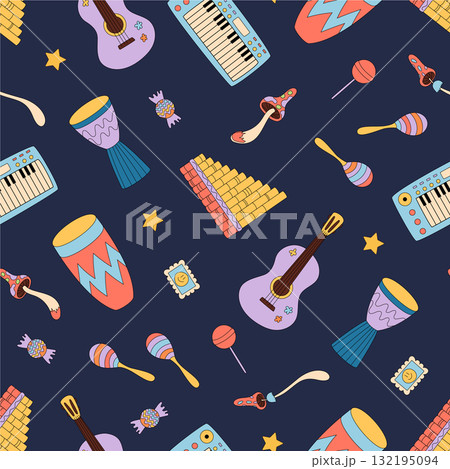 Groovy y2k music background with seamless pattern of guitar, synthesizer, and colorful festival party style. Psychedelic retro concept for trendy decor and stylish wallpaper design. Groovy y2k music background with seamless pattern of guitar, synthesizer, and colorful festival party style. Psychedelic retro concept for trendy decor and stylish wallpaper design. 132195094