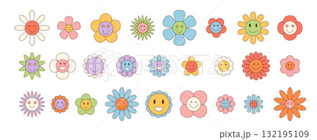 Groovy retro cartoon flower set with cute and happy smile faces. Colorful doodle daisy and floral elements show playful y2k groovy element style. Perfect for vibrant fun projects. Groovy retro cartoon flower set with cute and happy smile faces. Colorful doodle daisy and floral elements show playful y2k groovy element style. Perfect for vibrant fun projects. 132195109