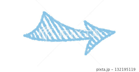 Hand drawn arrow in a wavy chalk style with pastel blue stroke creates a unique symbol and icon. This sketch element offers simple, handdrawn form for use as an artistic and creative element. 132195119