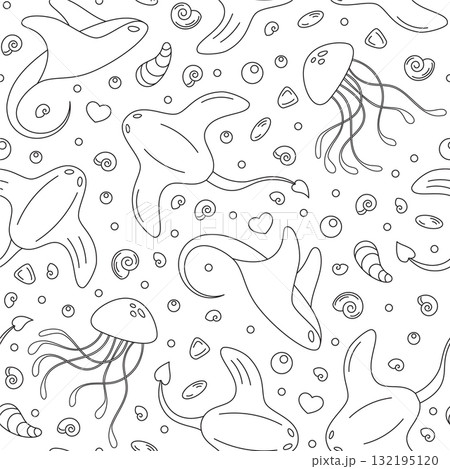 Seamless underwater pattern with marine life, including jellyfish, snails, and mollusks in an aquatic ocean design. Fine outline doodle art style captures the essence of sea creatures. Perfect ocean Seamless underwater pattern with marine life, including jellyfish, snails, and mollusks in an aquatic ocean design. Fine outline doodle art style captures the essence of sea creatures. Perfect ocean 132195120